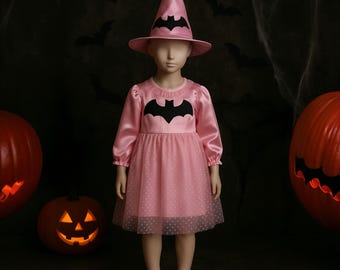 Handmade Pink Witch Costume Dress with Bat Applique - Halloween Outfit