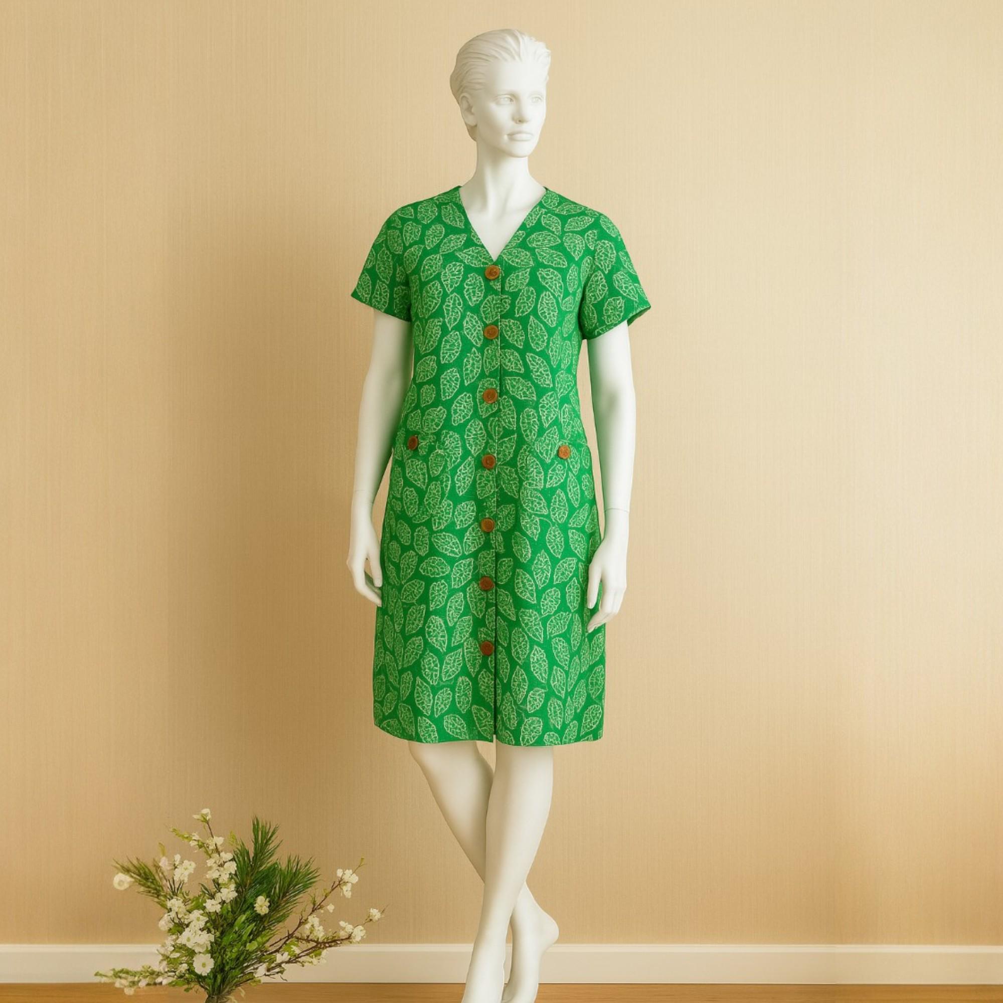 Green Leaf Print Midi Dress: Handmade Boho Shirt Dress with Pockets