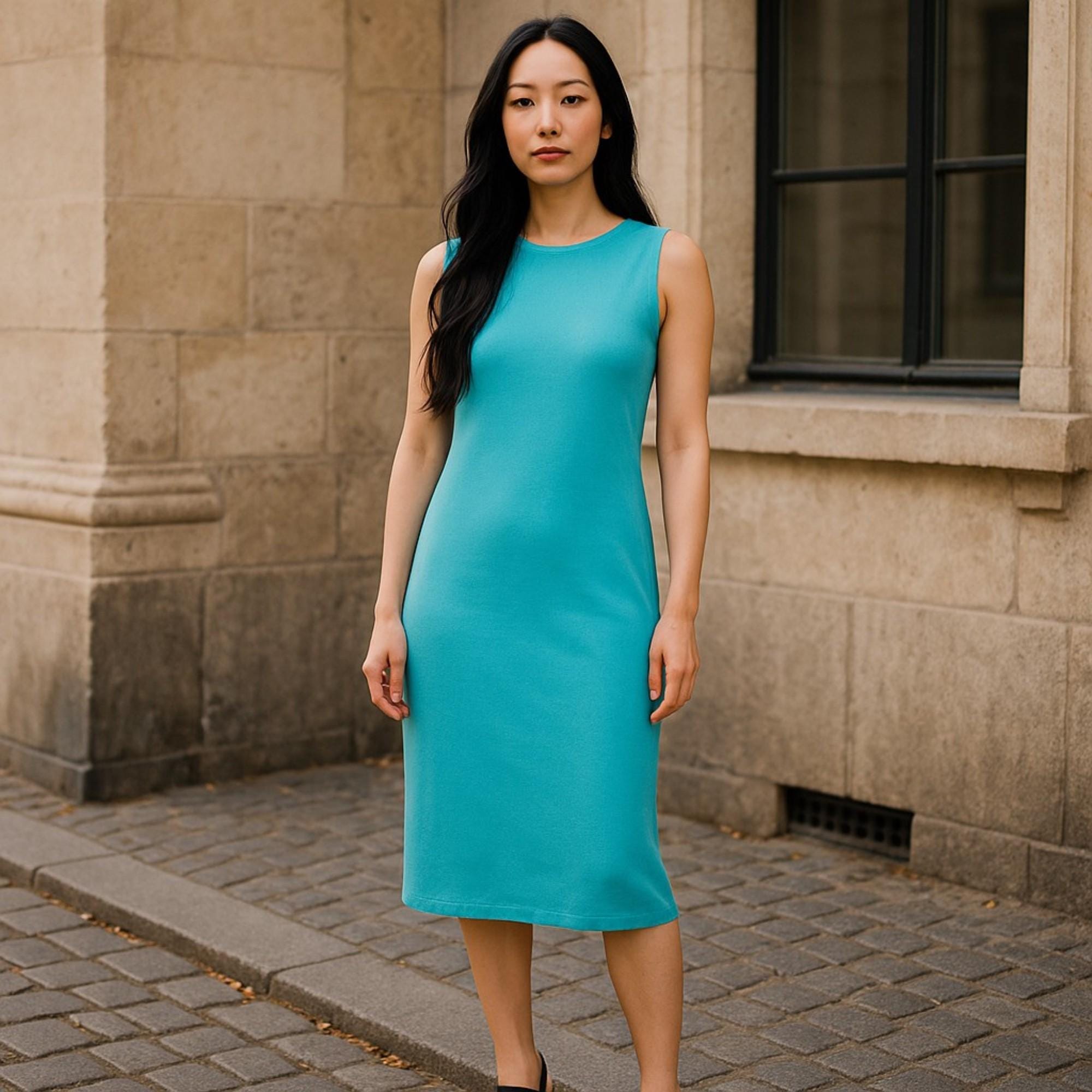 Handmade Blue Turquoise Midi Dress: Vintage Sleeveless Summer Dress Handmade Blue Turquoise Midi Dress: Vintage Sleeveless Summer Dress