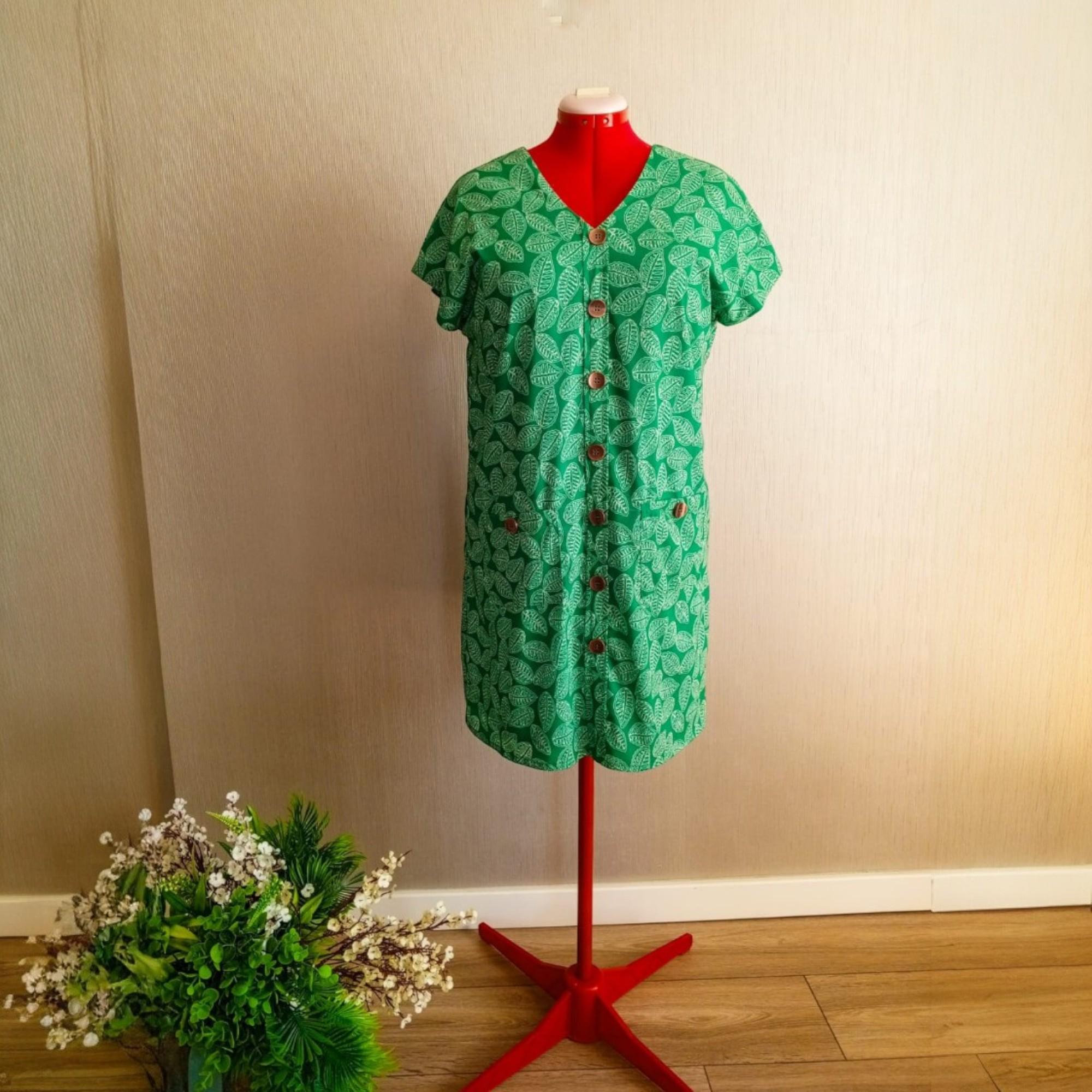 Green Leaf Print Midi Dress: Handmade Boho Shirt Dress with Pockets Green Leaf Print Midi Dress: Handmade Boho Shirt Dress with Pockets
