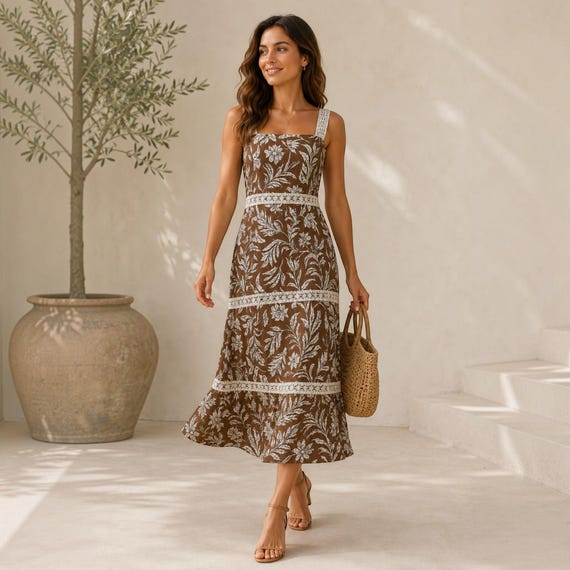 Handmade Brown Cotton Lace Dress: Sleeveless Vintage Style Gown