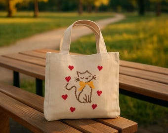 Handmade Embroidered Linen Tote Bag – Boho Cat Design
