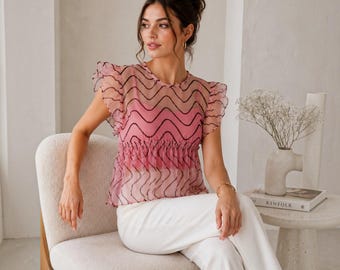 Handmade Pink Tulle Ruffle Blouse: Glitter Boho Top, Customizable