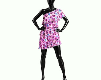 Handmade Purple Floral Mini Dress: Ruffled Sleeveless Party Dress