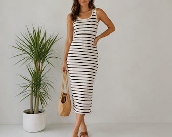 Striped Cotton Midi Sundress: Sleeveless Boho Resort Dress