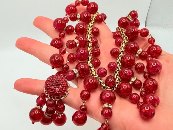 Vintage ANKA Red Crackle Bead Rhinestone Necklace… - image 5