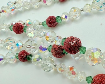 Vintage Aurora Borealis Crystal Necklace - Pink Sugared Beads, 3 Strand