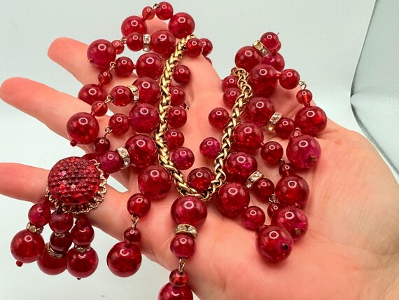 Vintage ANKA Red Crackle Bead Rhinestone Necklace… - image 6