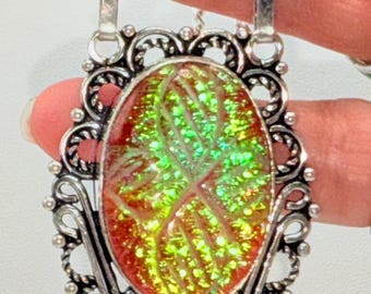 Iridescent Red Carved Glass Pendant Necklace: Vintage 925 Silverplate Costume Jewelry