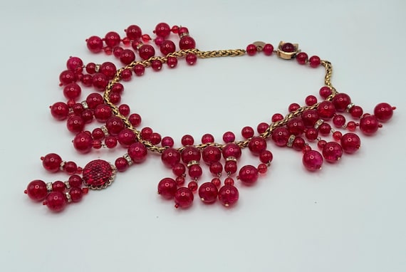 Vintage ANKA Red Crackle Bead Rhinestone Necklace… - image 2
