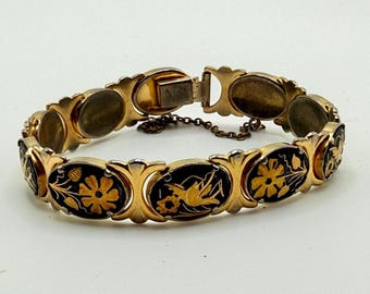 Vintage Damascene Bracelet – Inlaid Flowers & Birds, 6 1/2" with safety chain