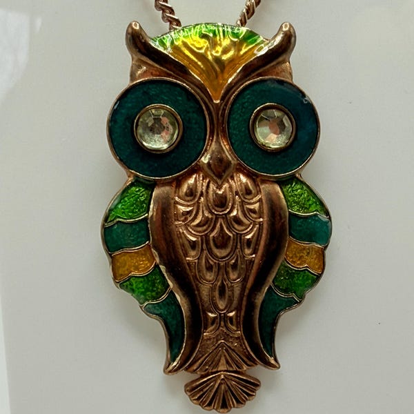 Vintage Enameled Owl Pendant with Rhinestone Eyes on 22 inch Chain
