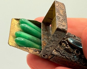 Antique Art Deco Manicure Set: Jadeite Handles, Brass Case with glass stone and repousse