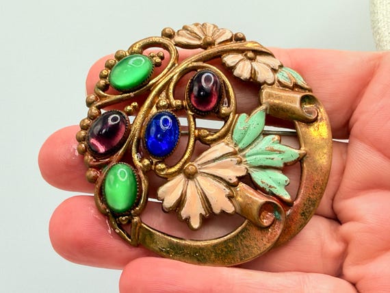 Antique Art Nouveau Stamped Brass Enamel Floral Glass Cabochon Brooch