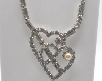 Vintage Rhinestone Pearl Double Heart Choker Necklace