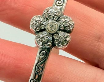 Brighton Vintage Rhinestone Bangle Bracelet - Silver Tone Floral Scrollwork, Size 7 1/2
