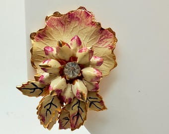Vintage Flower and leaves Clip On Earrings: Enamel, Clear Rhinestone & Gold Tone