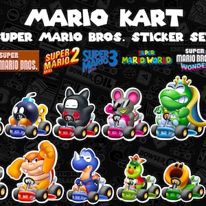 May include: A sticker set featuring various characters from the Mario Kart video game series. The stickers showcase characters in their karts, with the "Mario Kart" and "Super Mario Bros." logos prominently displayed. The background is black.