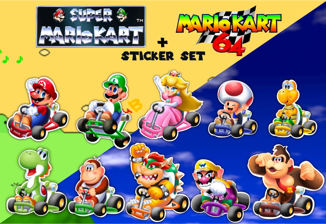 Super Mario Kart + 64 Sticker Set - Mario, Luigi, Peach, Toad