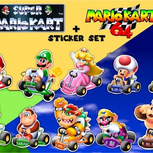 Super Mario Kart + 64 Sticker Set - Mario, Luigi, Peach, Toad, Koopa, Yoshi, DK Jr., Bowser, Wario, DK
