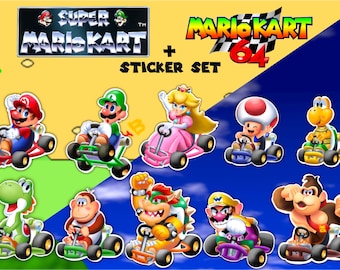 Super Mario Kart + 64 set di adesivi - Mario, Luigi, Peach, Toad, Koopa, Yoshi, DK Jr., Bowser, Wario, DK