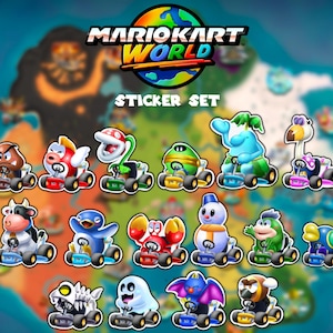 Könnte beinhalten: Ein Aufkleber-Set mit verschiedenen Charakteren in Go-Karts aus der Mario Kart World-Serie. Die Aufkleber zeigen eine Vielzahl von farbenfrohen Charakteren, jeder in seinem eigenen einzigartigen Kart-Design, vor einem Weltkartenhintergrund.