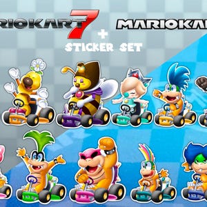 以下が含まれることがあります： マリオカート7のキャラクターがカートに乗ったステッカーセット。ミツバチ、カメなど、さまざまなキャラクターが鮮やかな色で描かれています。「MARIOKART 7 + STICKER SET」の文字が上部に表示されています。