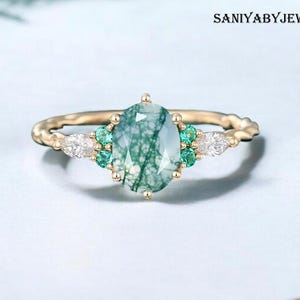 AAA Natural Moss Agate Engagement Wedding Ring, Solid Gold Vintage Moss Agate Anniversary Ring,promise Ring For her, Moss Agate Emerald Ring