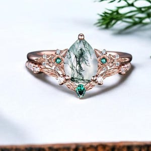 Natural Moss Agate Engagement Wedding Ring Set, Solid Gold Vintage Moss Agate Anniversary Ring, Moss Agate Emerald Ring,Promise Wedding Ring