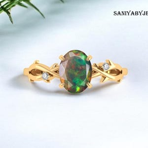 Anillo de bodas de ópalo negro etíope natural AAA para mujer, anillo de ópalo de fuego negro, anillo de compromiso de oro, piedra de nacimiento de octubre