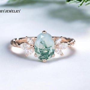 AAA Natural Oval Moss Agate Engagement Ring For Women, Vintage Moss Agate Jewelry,Promise Ring ,Green Proposal Ring, 14k Gold bridal Ring