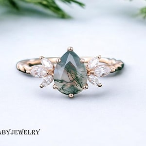 Natural Pear Moss Agate Engagement Ring, Vintage Moss Agate Wedding Jewelry,Promise Ring For Women, Proposal Ring, Mothers anniversary gift