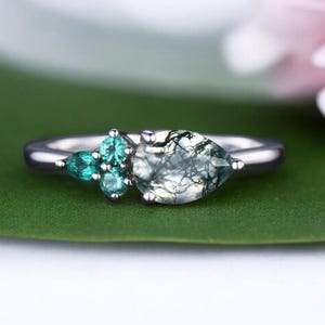 AAA Natural Moss Agate Engagement Wedding Ring, Solid Gold Vintage Moss Agate Anniversary Ring,promise For her Ring, Moss Agate Emerald Ring