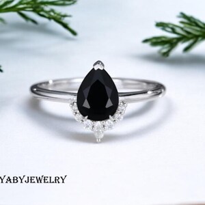 Unique pear Black Onyx Wedding Ring For Women. Black Onyx Engagement Ring, Art deco Black diamond Wedding Ring, Anniversary Gift For Women