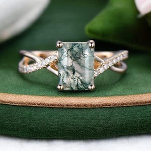 AAA Vintage Moss Agate Emerald Cut Wedding Ring, Moss Agate Engagement Ring For Women, Unique Moss Agate Ring, 14k Gold Bridal  Promise Ring