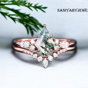 AAA Natural Moss Agate Kite Cut wedding Ring Set For Women, Vintage kite Green Moss Agate Engagement Ring,bridal Promise Ring,14k Gold Ring