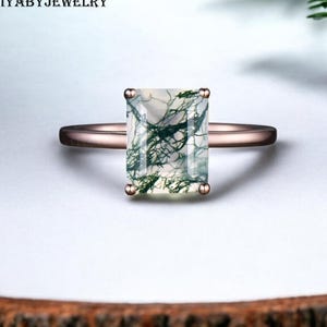 AAA Vintage Moss Agate Emerald Cut Wedding Ring, Moss Agate Engagement Ring For Women, Unique Moss Agate Ring, 14k Gold Bridal  Promise Ring