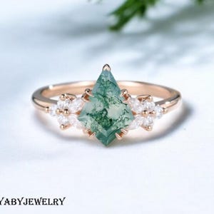 Natural Moss Agate Kite Cut Ring Set For Women, Vintage kite Green Moss Agate Engagement Ring,Women Unique bridal Wedding Ring,14k Gold Ring
