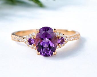 AAA Natural Amethyst Oval Wedding Ring For Women, Antique Purple Amethyst Engagement Ring, Promise Ring,Floral leaf Ring, halo Ring