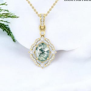 AAA Vintage Moss Agate Oval Necklace For Women, Unique bridal Wedding pendant, Green Moss Agate Pendant, Art Deco Pendant, gift for her