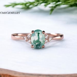 AAA Natural Moss Agate Engagement Ring, Solid Gold Vintage Oval Anniversary Ring, Aquatic Green Proposal Ring, Mothers Solitaire Gift Ring,