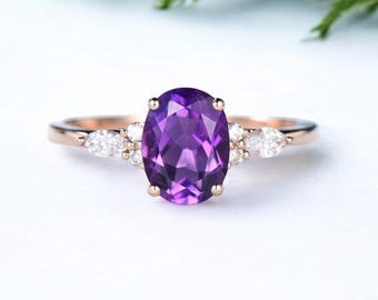AAA Natural Amethyst Oval Wedding Ring For Women, Antique Purple Amethyst Engagement Ring, Promise Ring,Floral leaf Ring, halo Ring