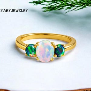 Anillo de bodas de ópalo etíope natural de tres piedras AAA para mujer, anillo de ópalo de fuego, anillo de promesa, anillo de oro de 14 k, piedra natal de octubre