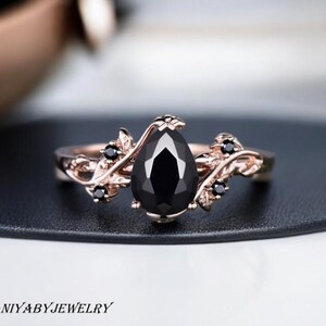 Unique pear Black Onyx Wedding Ring For Women. Black Onyx Engagement Ring, Art deco Black diamond Wedding Ring, Anniversary Gift For Women
