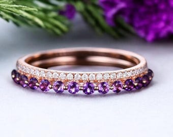 AAA Natural Amethyst Round Wedding Ring For Women, Antique Purple Amethyst Engagement Ring, Promise Ring For her Floral leaf Ring, halo Ring