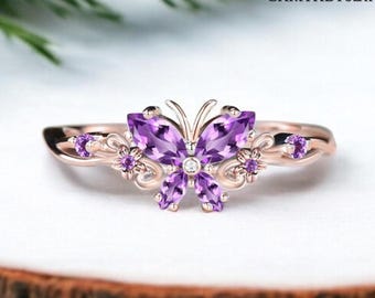 Natural Amethyst Butterfly Engagement Wedding Ring, Vintage Marquise Antique Amethyst, Amethyst Diamond Ring, Bridal Gold Ring, Promise Ring