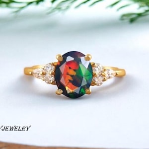 AAA Natural Ethiopian Black Opal Ring For Woman, Fire Opal Ring, Minimalist Ring, gold Ring, October Birthstone, Wedding Ring, Bridal Ring