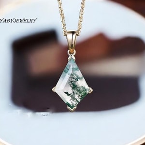 AAA Vintage Moss Agate Kite Cut Necklace For Women, Unique bridal Wedding pendant, Green Moss Agate Pendant, Art Deco Pendant, gift for her