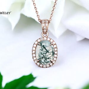 AAA Vintage Moss Agate Oval Necklace For Women, Unique bridal Wedding pendant, Green Moss Agate Pendant, Art Deco Pendant, gift for her