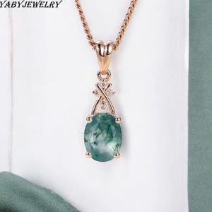 AAA Vintage Moss Agate Oval Necklace For Women, Unique bridal Wedding pendant, Green Moss Agate Pendant, Art Deco Pendant, gift for her